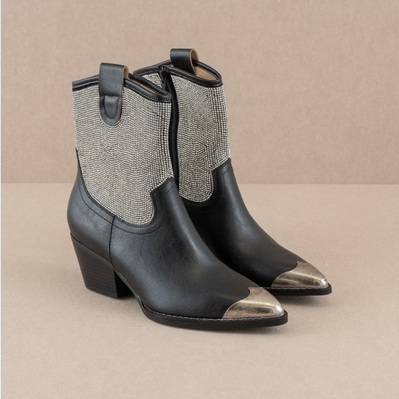 Rhinestone Studded Western Booties with Metal Toe - Oasis Society - Picture 2 of 7